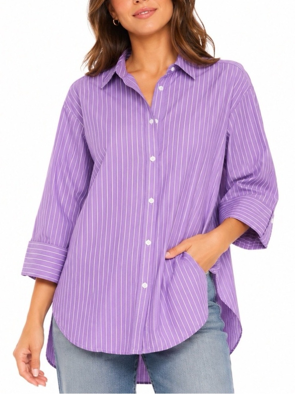 J. Jill 100% Cotton Soft Purple Striped Button Down Shirt | Size Small